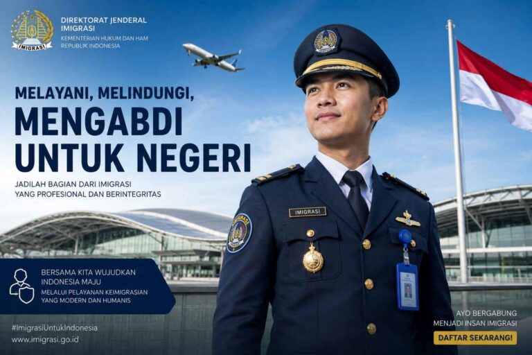 Seorang petugas Imigrasi Indonesia mengenakan seragam biru tua berdiri percaya diri di depan terminal bandara modern dan bendera merah putih dalam poster rekrutmen profesional.