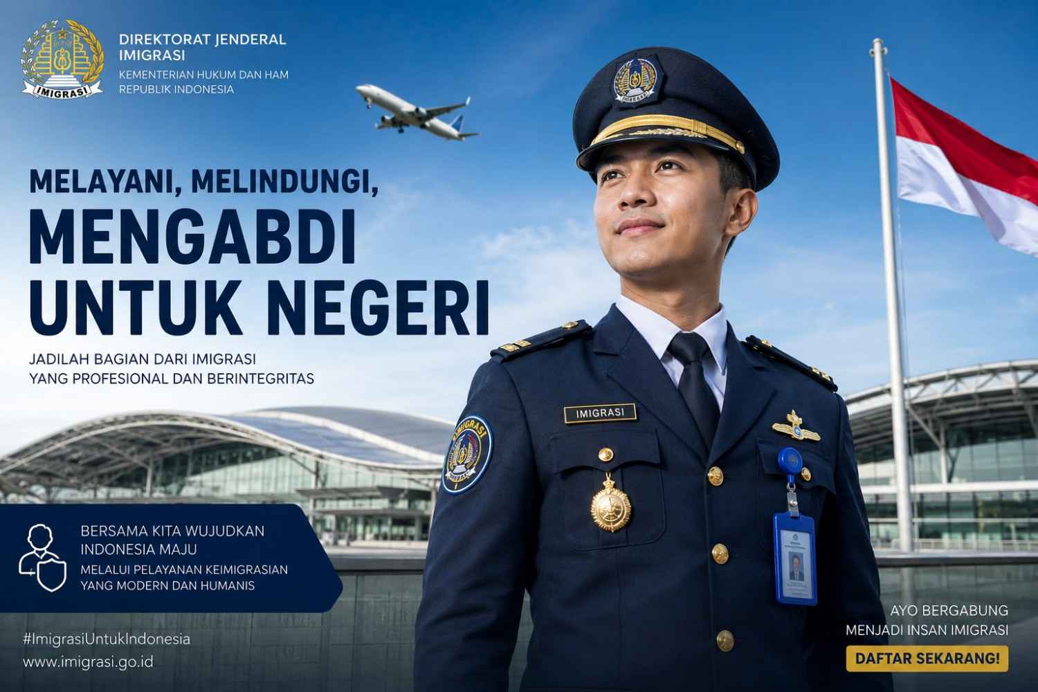 Seorang petugas Imigrasi Indonesia mengenakan seragam biru tua berdiri percaya diri di depan terminal bandara modern dan bendera merah putih dalam poster rekrutmen profesional.